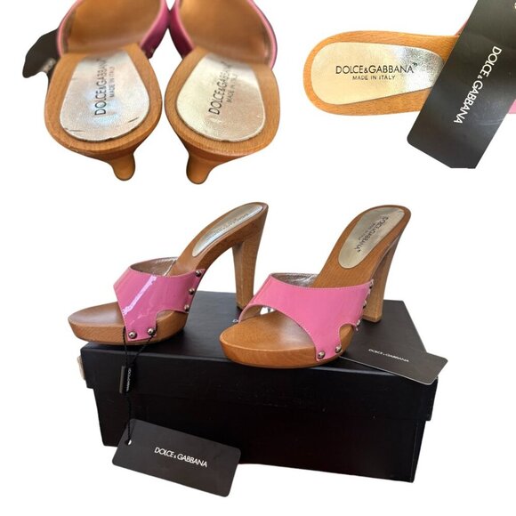 DOLCE & GABBANA D&G PINK LEATHER SLIDES SANDALS HEELS US 6-6.5/37 NIB Y2K - Picture 3 of 5